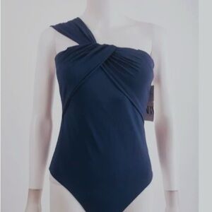 Navy Blue One Piece Swimsuit with Asymmetrical Neckline and Ruching
